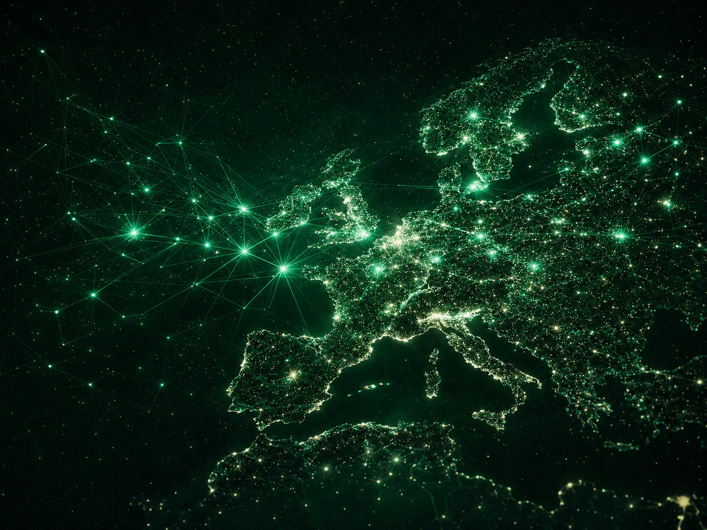 Grön visualisering av Europas digitala infrastruktur och datakapacitet
