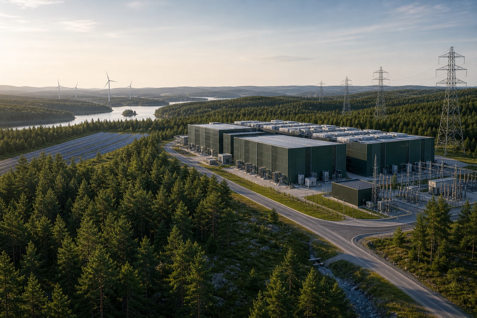 Modern industrisajt i skogsmiljö med elinfrastruktur